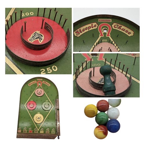 269 - RARE LINDSTROMS STEEPLE CHASE BAGATELLE 1933 ORIGINAL MARBLES AND PLUNGER - Fantastic Condition Orig... 