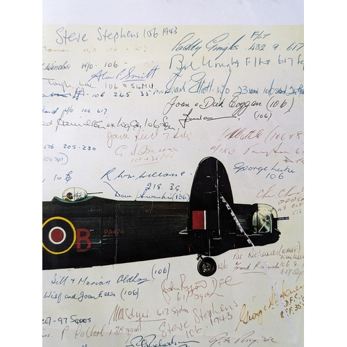 129A - Extensively Signed WW2 Interest RAF 70+ Signatures Battle of Britain Memorial Flight Lancaster Print... 