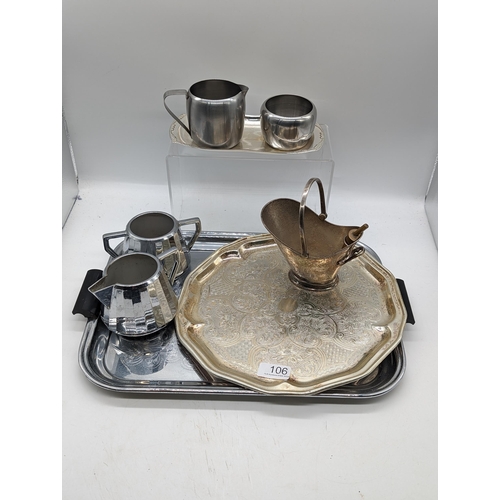 60 - Selection Of Plated And Base Metal Serving Trays Pots Etc