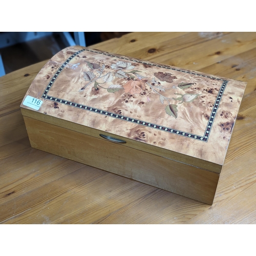 65 - Large Wooden Hinged Jewellery Box With Marquetry Design - Has Some Scuffs And Marks 41x25x15