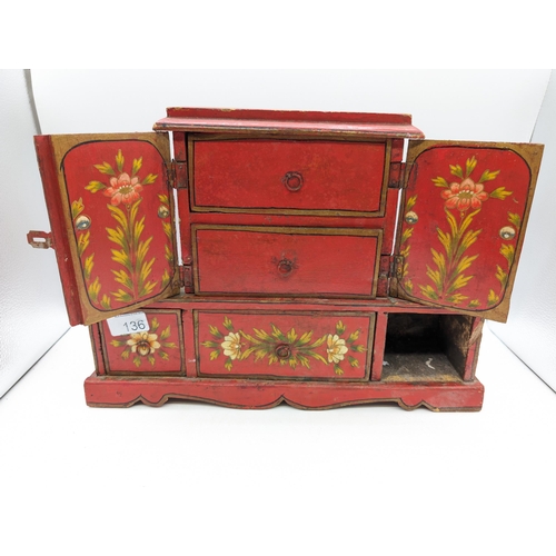 76 - Antique Hand Made Likely Tibetan  / Folk  Table Top Cabinet/Jewellery Box. Hand Painted, Appears of ... 