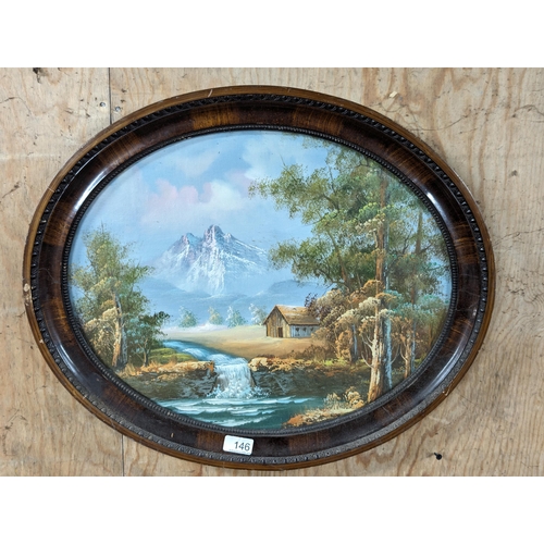 82 - Original Oval Oil On Board Of Mountain Scene With River And Cabins -  Early 20C Possibly Late 19C We... 