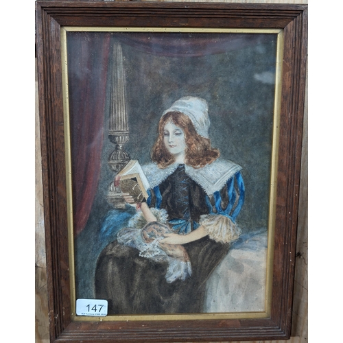 83 - Attractive Victorian Watercolour - Seated Lady In Period Dress Reading - Appears Unsigned 30x41cm