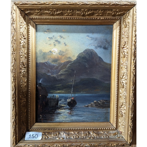 85 - Excellent Small Oil On Board, Harbour At Dusk With Mountains in The Moonlight. Excellent Gilt tyle F... 