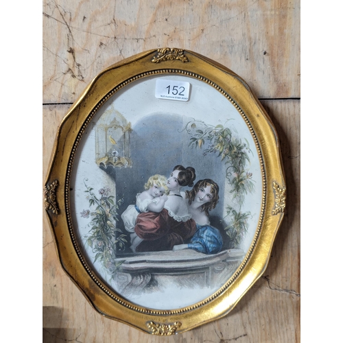 86 - Attractive Oval Gilt Framed Print Of Two Ladies on A Balcony With Child And Caged Bird - Nicely Fram... 