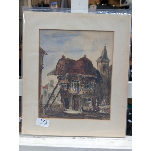 93 - Well Executed Original Watercolour - French Town Napoleonic Feel C1900 Mounted Unframed Unsigned 31x... 