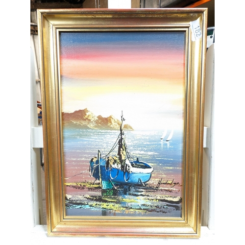 101 - Excellent Oil On Canvas Depicting Sunset Scene Over Sea With Boats - Signed Hidalgo ? 34x48cm