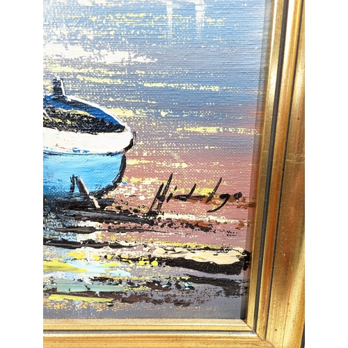 101 - Excellent Oil On Canvas Depicting Sunset Scene Over Sea With Boats - Signed Hidalgo ? 34x48cm