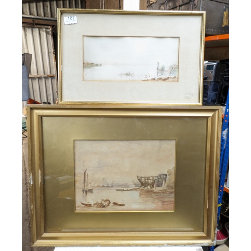 106 - Pair Antique Watercolours Boating, Lakeland and Marshland Scenes Appear unsigned 45x28cm & 59x45cm