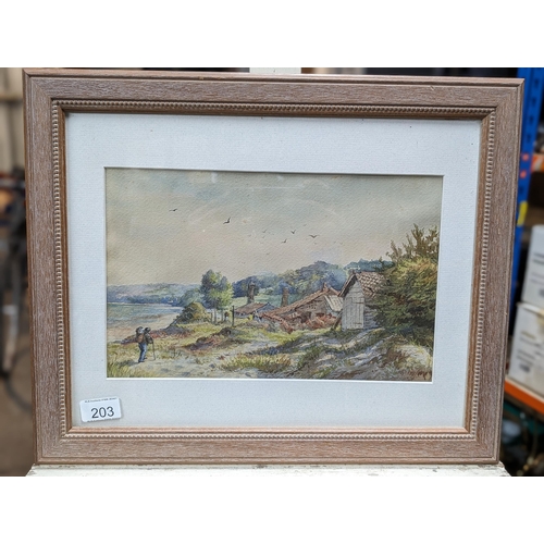 117 - Excellent Original Watercolour - Coastal Scene With Figure Hiking in The Foreground and Seaside Cott... 