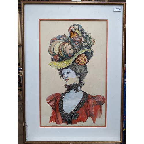 119 - Extensive Large Mixed Media / Pen / Watercolour of An Edwardian Lady With Decorative Hat - Signed Ba... 