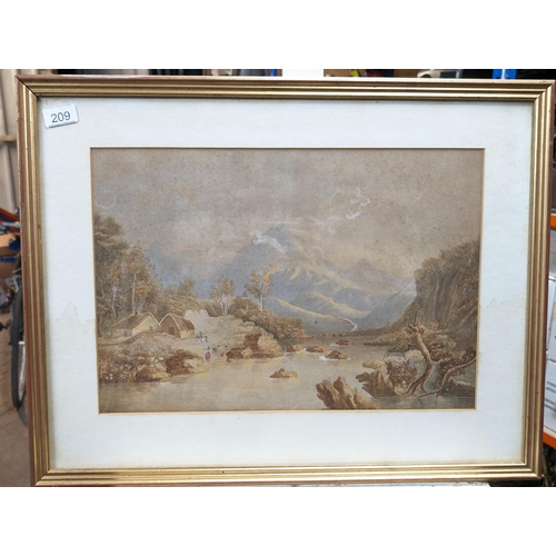 122 - Large Extensive Watercolour - Mountain Village Scene With figures On The River Bank Framed and Glaze... 