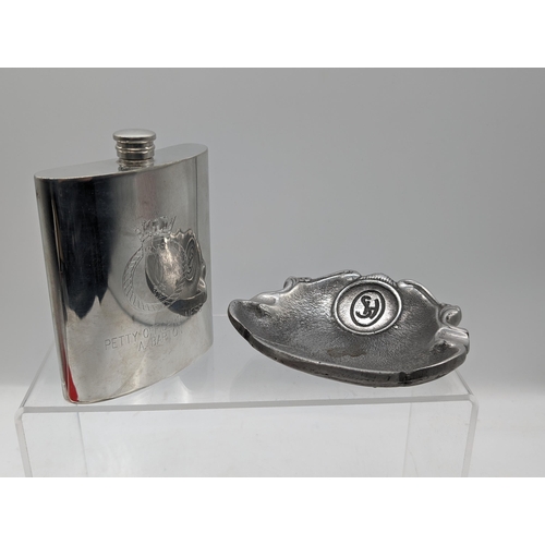 211 - Pewter Navy Officers Mess Hip Flask, Plus Other Pewter Possible Ashtray? All Came From the Same Nava... 