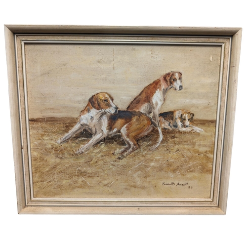 286 - Kenneth Ansell Oil on Board - Depicting 3 Hunting Dogs  13x11 Dated and Signed Lower Right