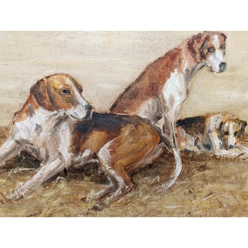 286 - Kenneth Ansell Oil on Board - Depicting 3 Hunting Dogs  13x11 Dated and Signed Lower Right