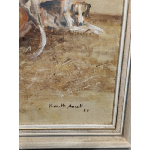 286 - Kenneth Ansell Oil on Board - Depicting 3 Hunting Dogs  13x11 Dated and Signed Lower Right