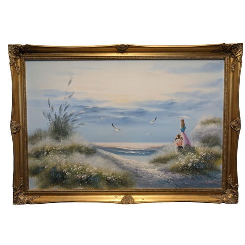 287 - Large Oil on Canvas Signed Mele Coastal Landscape Scene - With Good Condition  Decorative Gilt Style... 