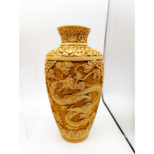 296 - Extensive Yellow Cinnabar Set Including Large Faceted Vase on Ceramic Plinth Plus 2 Urns and a Decor... 