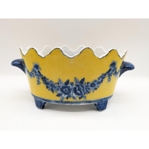 298 - Vintage JUWC United Wilson  Monteith Chinese Yellow and Cobalt Blue Porcelain Footed and Handled Bow... 