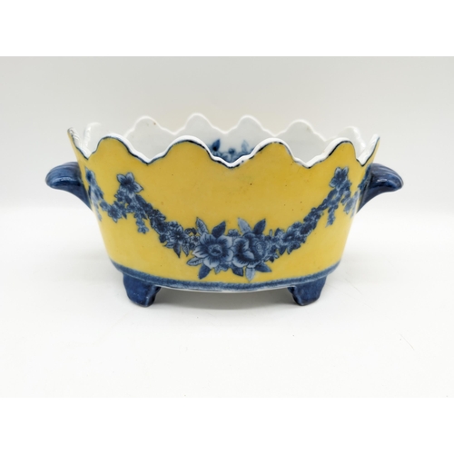 298 - Vintage JUWC United Wilson  Monteith Chinese Yellow and Cobalt Blue Porcelain Footed and Handled Bow... 