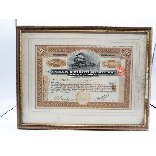 300 - 1910 Mexico North Western Railway Company - 10 Share Bond Stock Certificate - Signed and Dated and C... 