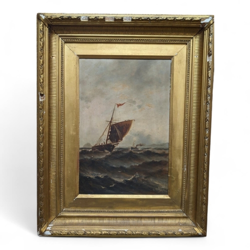 343 - G.Nelson 1892 Original Oil on Board - Depicting Sail Barge On Rough Seas. In Original Plaster Gilt F... 