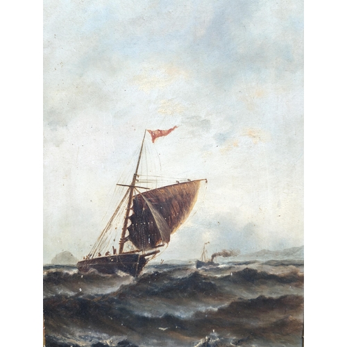 343 - G.Nelson 1892 Original Oil on Board - Depicting Sail Barge On Rough Seas. In Original Plaster Gilt F... 