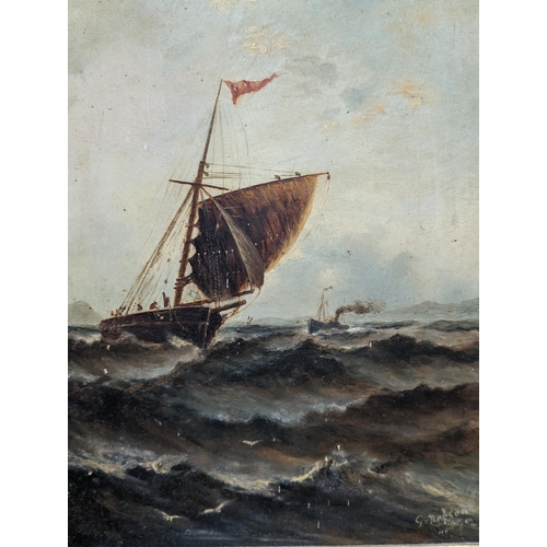 343 - G.Nelson 1892 Original Oil on Board - Depicting Sail Barge On Rough Seas. In Original Plaster Gilt F... 