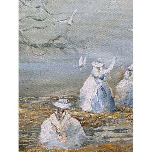 398 - OIL ON CANVAS OF THREE LADIES FEEDING THE BIRDS
54 X 45CM SIGNED CHARLES