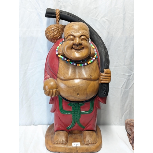 406 - Large Heavy Teak Hand Carved Buddha Statue, Fabulously Carved And Hand Painted 35x64cm