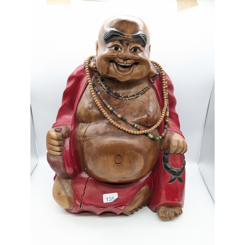 407 - Large Very Heavy Teak Hand Carved Seated Laughing Buddha, Hand Painted. Has Crack But Has Little Aff... 