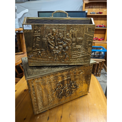 409 - Vintage Brass And Wooden Embossed Fireside Magazine Rack Plus Ornate Embossed Coal Box - Excellent C... 