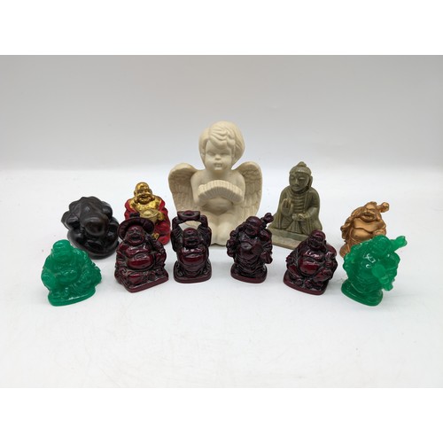 404 - Good bundle of 11 Resin Buddha Decorative Ornaments - 2 Green Resin, 1 Alabaster Plus one Weeping Bu... 