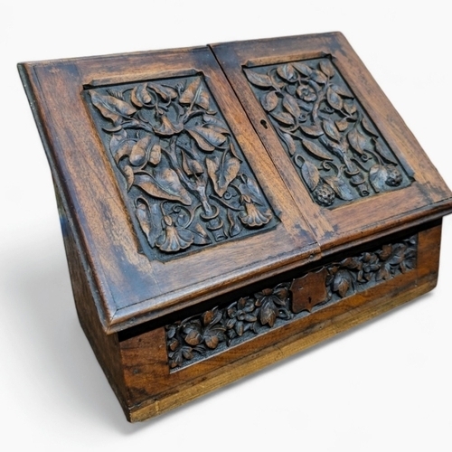 11B - Antique Profusely Carved Oak Desk Box / Letter Holder, Gorgeous Carved Oak Relief Panels With Foliag... 