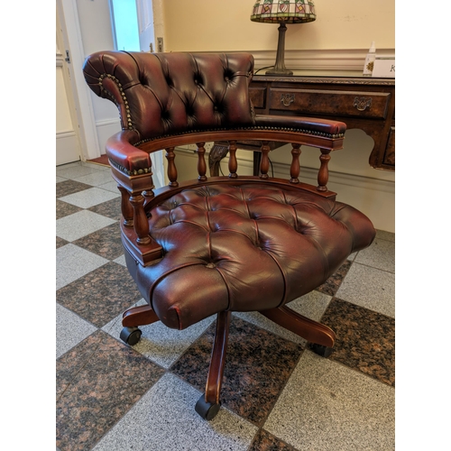 110 - Modern Captains Swivel Desk / Hall Chair - Excellent Dark Red Button Back And Seat pad - Wonderful Q... 