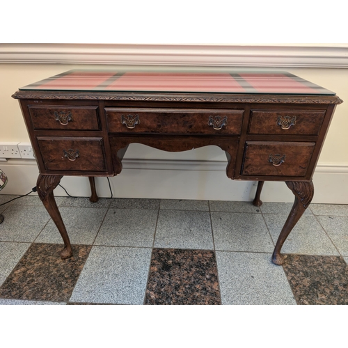 111 - Gorgeous Mahogany / Walnut C1930 Writing Desk, With Red Leather Baize and Glass top, Cabriole Legs. ... 