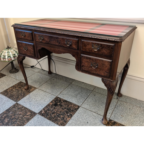 111 - Gorgeous Mahogany / Walnut C1930 Writing Desk, With Red Leather Baize and Glass top, Cabriole Legs. ... 