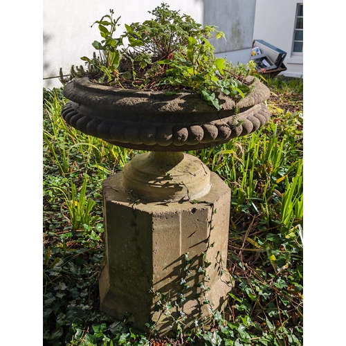 14 - Impressive Reconstituted Stone  Garden Urn / Planter With Large Concrete Pedestal Base, Excellent We... 