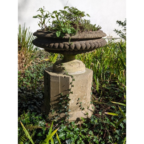 14 - Impressive Reconstituted Stone  Garden Urn / Planter With Large Concrete Pedestal Base, Excellent We... 