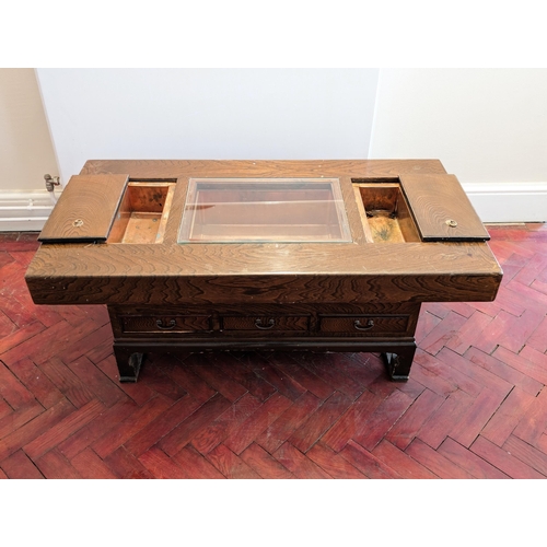 37 - Vintage Japanese Keyaki Hibachi Coffee Table With Drawers and 3 Copper Inlaid Compartments,  Storage... 