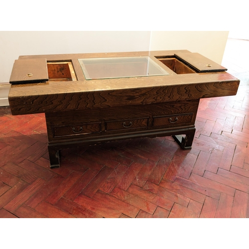 37 - Vintage Japanese Keyaki Hibachi Coffee Table With Drawers and 3 Copper Inlaid Compartments,  Storage... 