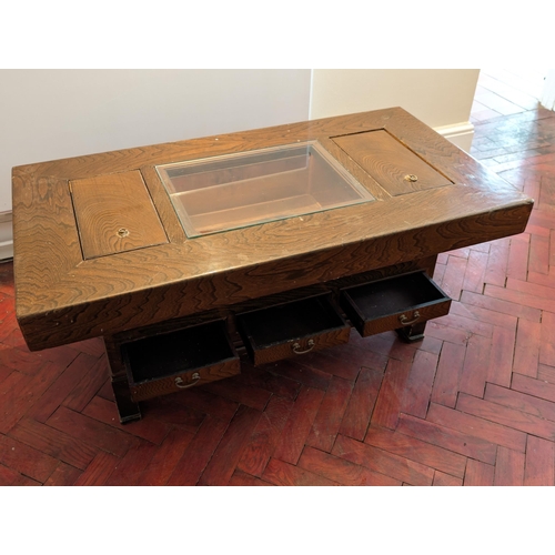 37 - Vintage Japanese Keyaki Hibachi Coffee Table With Drawers and 3 Copper Inlaid Compartments,  Storage... 