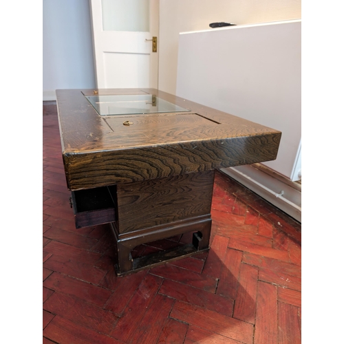 37 - Vintage Japanese Keyaki Hibachi Coffee Table With Drawers and 3 Copper Inlaid Compartments,  Storage... 