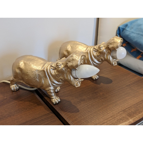 49 - Pair Of Gold Effect Open Mouth Hippopotamus Bedside Table Lamps - Good Working Order - Very Quirky -... 