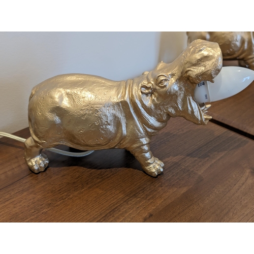 49 - Pair Of Gold Effect Open Mouth Hippopotamus Bedside Table Lamps - Good Working Order - Very Quirky -... 