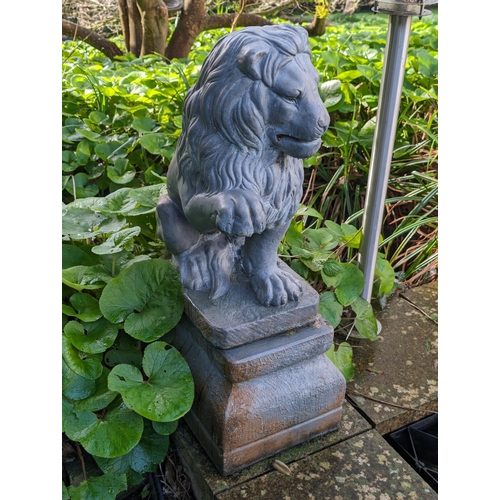 5 - Large Pair Reconstituted Stone  Garden Lion Statues On Pedestal Bases Very Heavy - Excellent Conditi... 