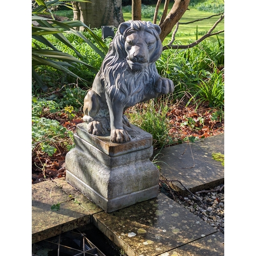 5 - Large Pair Reconstituted Stone  Garden Lion Statues On Pedestal Bases Very Heavy - Excellent Conditi... 