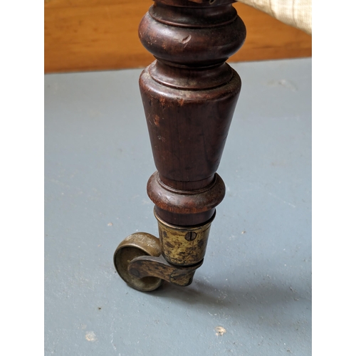 51 - Victorian Mahogany Button Back Armchair - With Original Brass Castors - Fabric in Good Condition / C... 