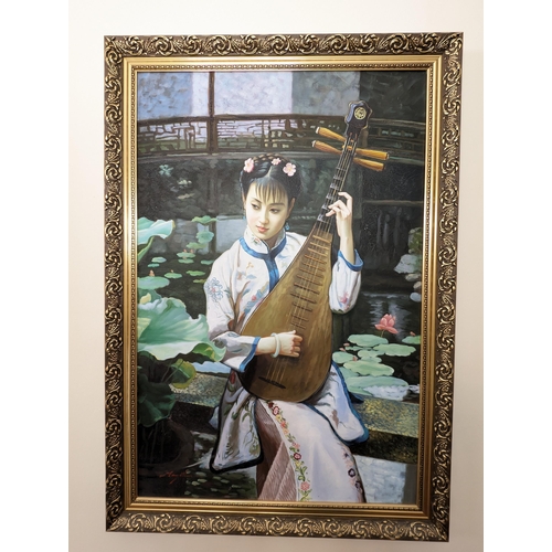 53 - Oil On Canvas - Asian Botanical Scene Of Lady With Mandolin - Nice Quality Gilt Style Frame - Signed... 