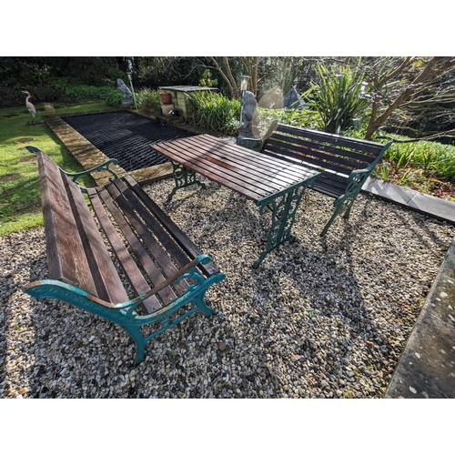 6 - Large Cast Iron Ended Garden Table With Two Benches - Good Condition - Timber In Good Condition